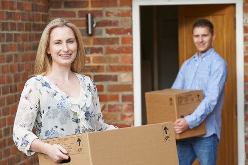 Labelled moving boxes and office assets arranged for a Lambeth relocation