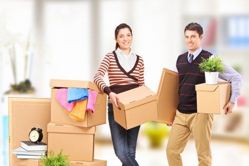 Packed office boxes ready for commercial moves in Lambeth